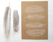 Sale White Feather Gocco Print on Beige Kraft Paper
