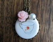 Tea Cup Necklace - flatback button pendant with rose and pearl - 18 or 24 inch chain length