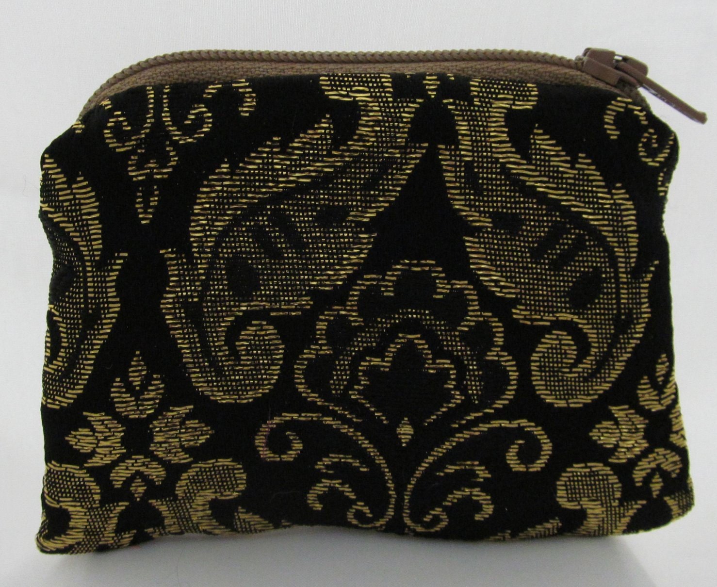 Small Black and Gold Brocade and Satin Coinpurse Coin Purse Pendulum Crystals Zipper Bag