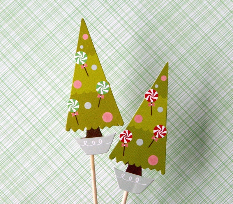 Retro Christmas Tree Cupcake Picks (12) Il_570xn