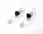 Black Onyx & Quartz Crystal Earrings - Geometric Gemstone Jewelry - Stone Triangle Earrings - Sterling Silver - Faceted Point
