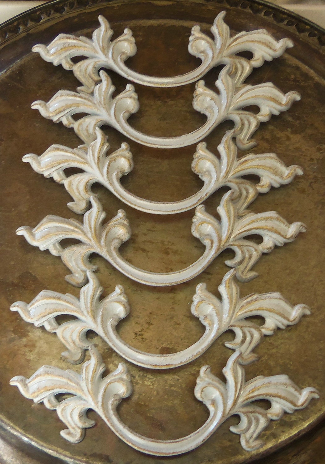 6 French Provincial Drawer Pulls White Shabby Distressed 5.75 Inches long 3 inch Centers