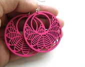 Pink Wooden Round Filigree Earrings