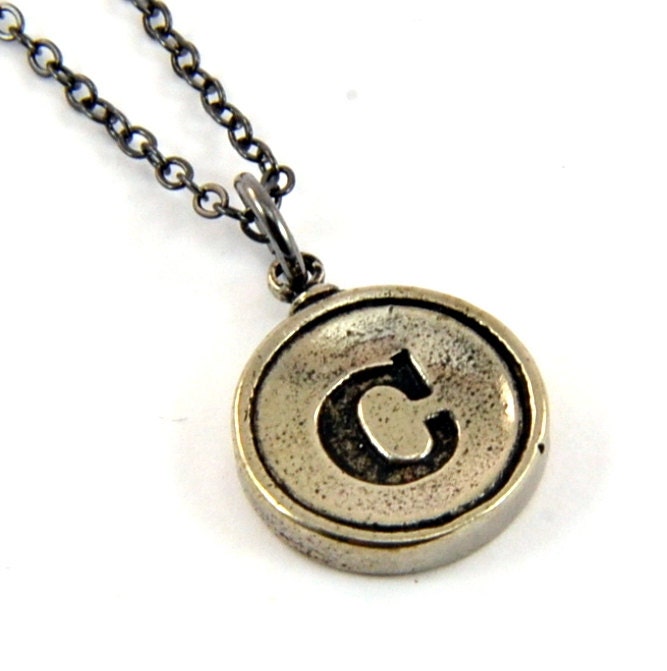 Letter C Necklace - White Bronze Initial Typewriter Key Charm Necklace - Gwen Delicious Jewelry Design