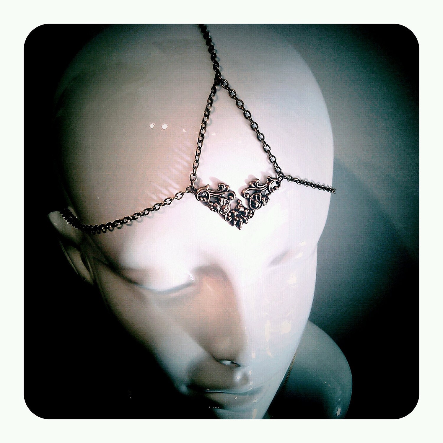 Antiqued Brass Chain Crown Headpiece Hair Piece Floral Brass Stamping