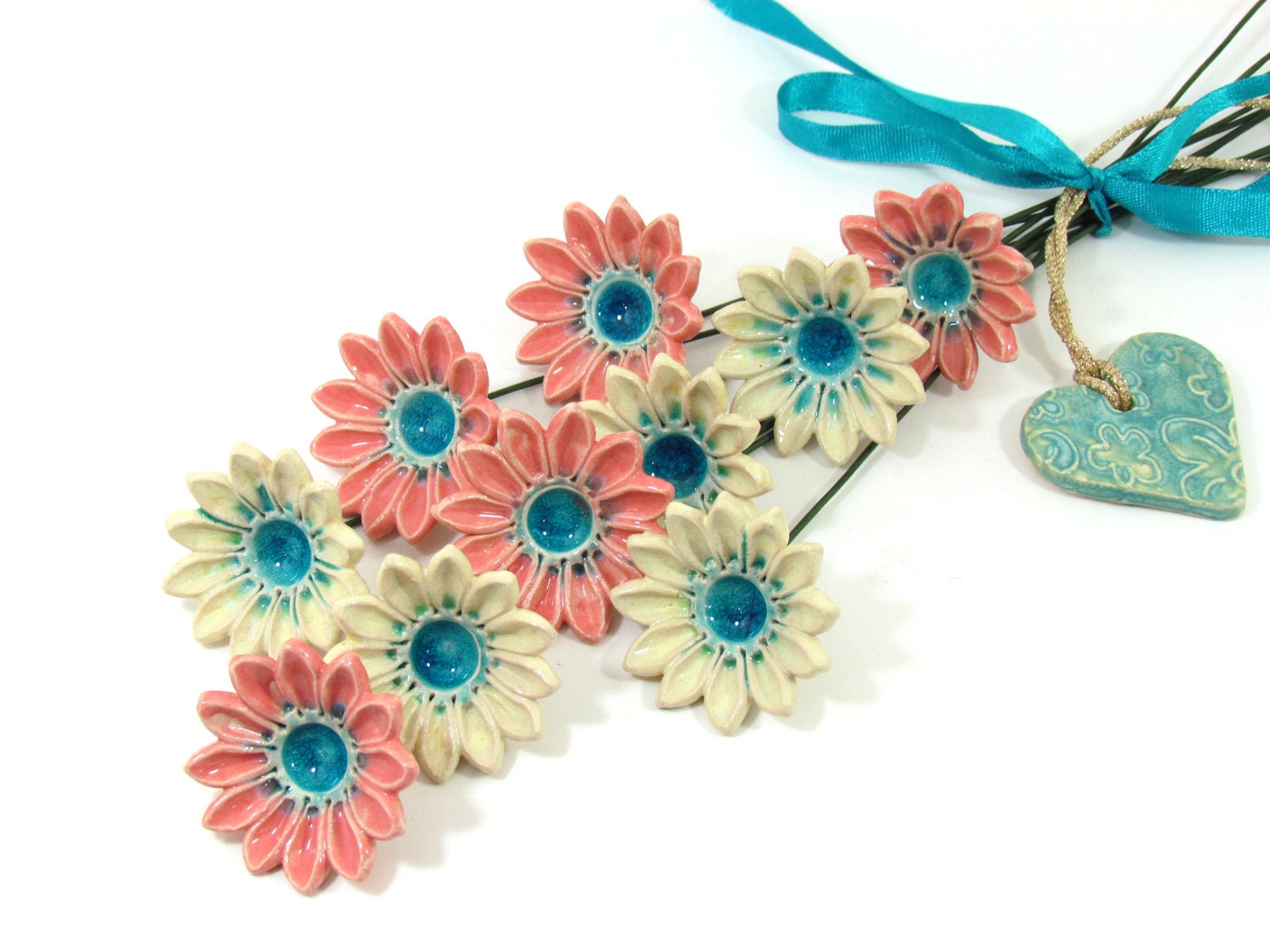 Spring celebration Housewares decoration  Party decoration Shabby chic Ceramic rose pink cream and turquoise bouquet  Home decoration
