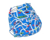 Fitted Cloth Diaper, OS, Flannel - Blue, Race, Marathon, Traffic, Cars