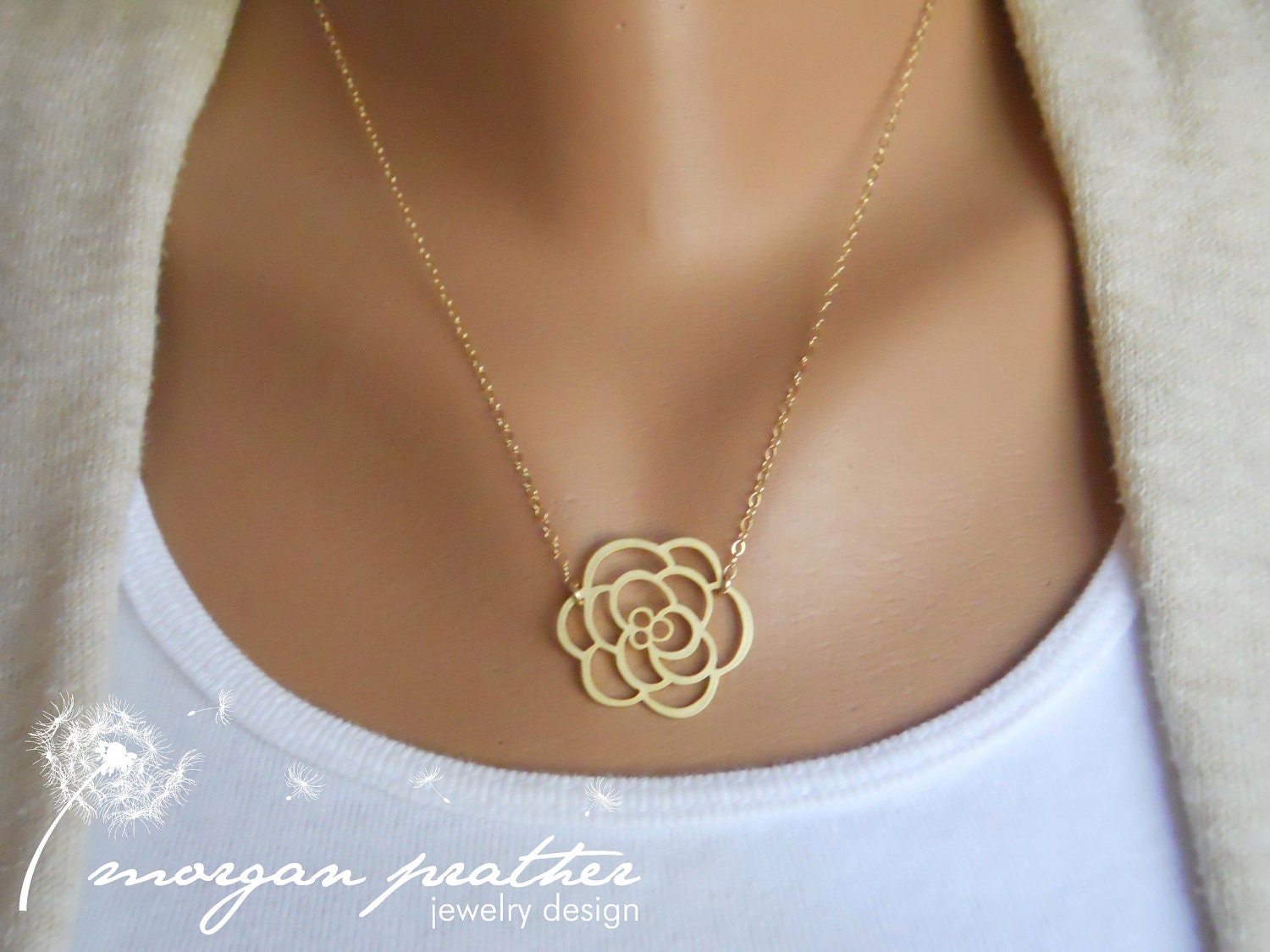 Rose Necklace - gold dainty rose pendant suspended - Gold Filled Fine Chain - morganprather