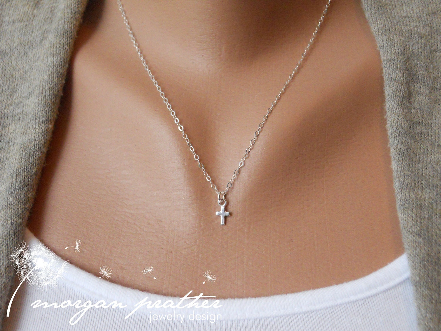 Sterling Silver Cross Necklace - Little Dainty Cross Charm on Sterling Silver Fine Cable Chain - Faith Necklace - morganprather