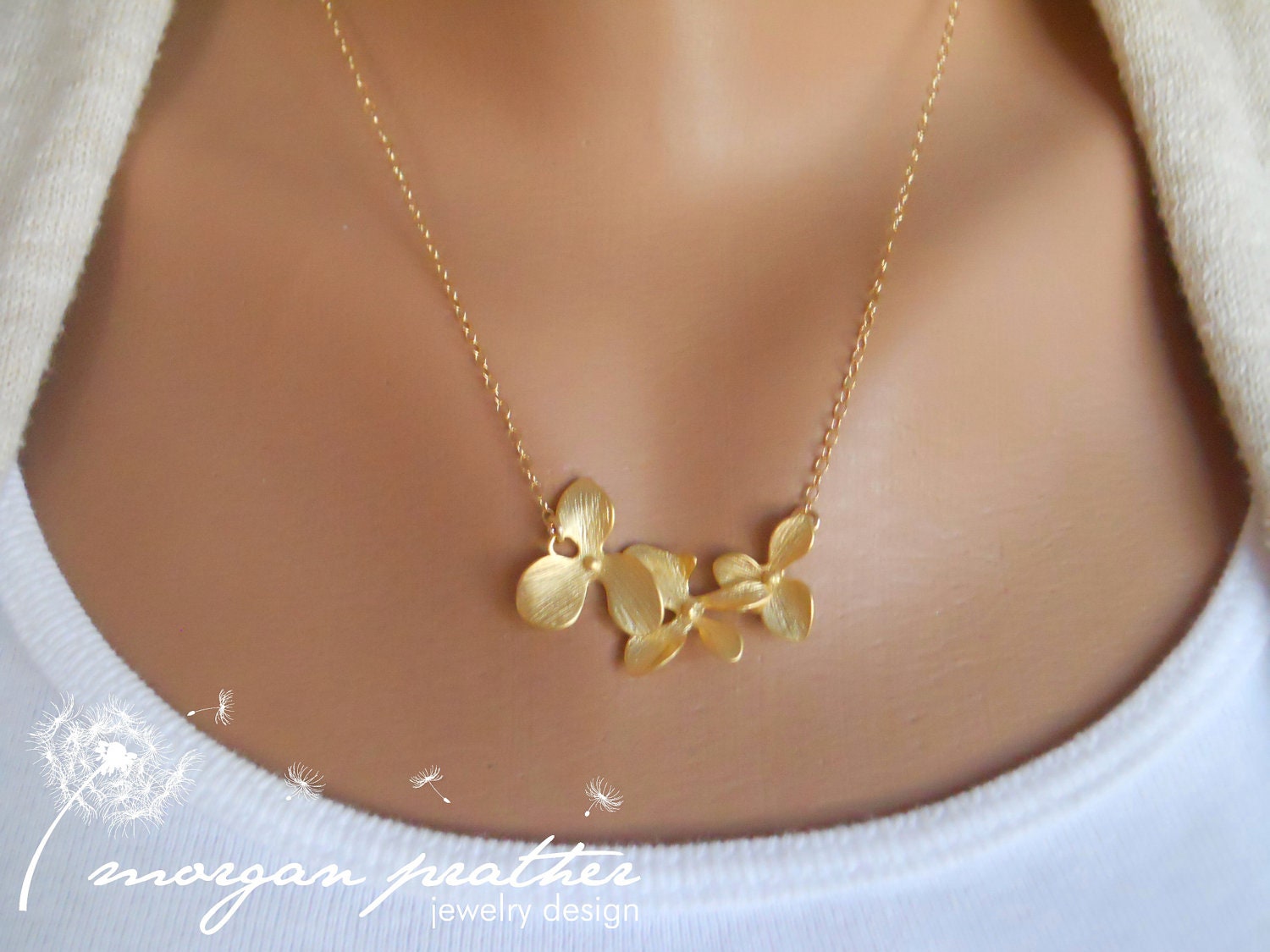 Triple Orchid Necklace in Gold - Dainty Flower Charm - Perfect Gift - morganprather