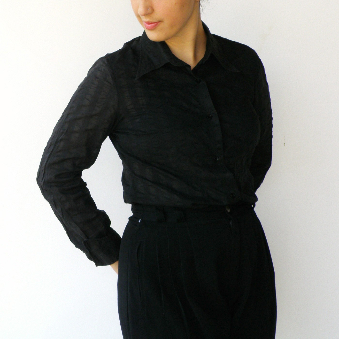 Vintage Semi Sheer Black Cotton Blouse