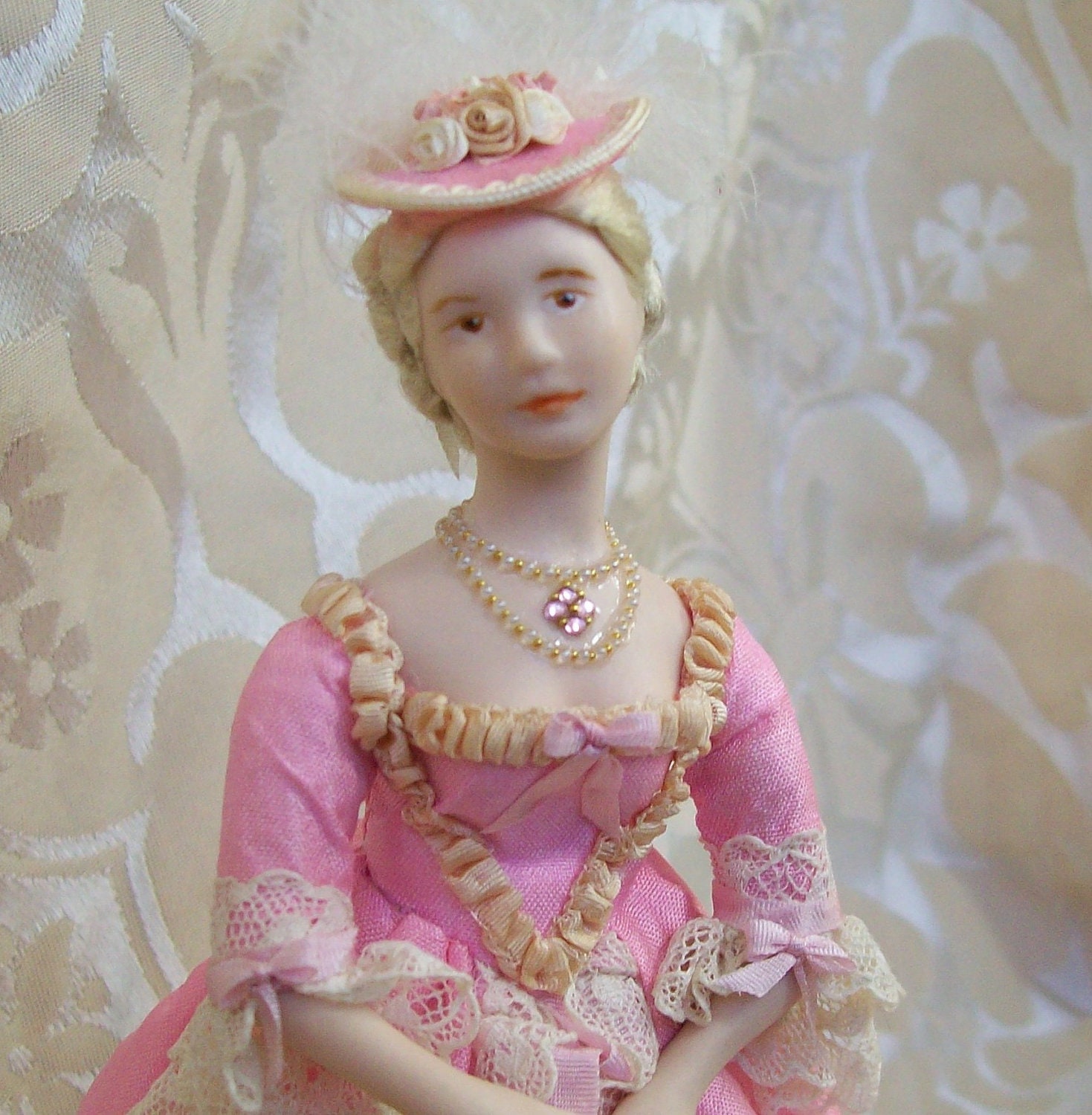 Porcelain Dollhouse Doll, 12th Scale Georgian Lady in a gown a la polonaise