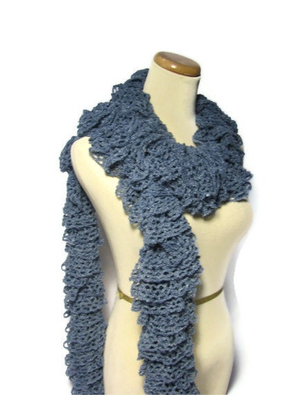 Hand Knit Ruffled Scarf - Blue