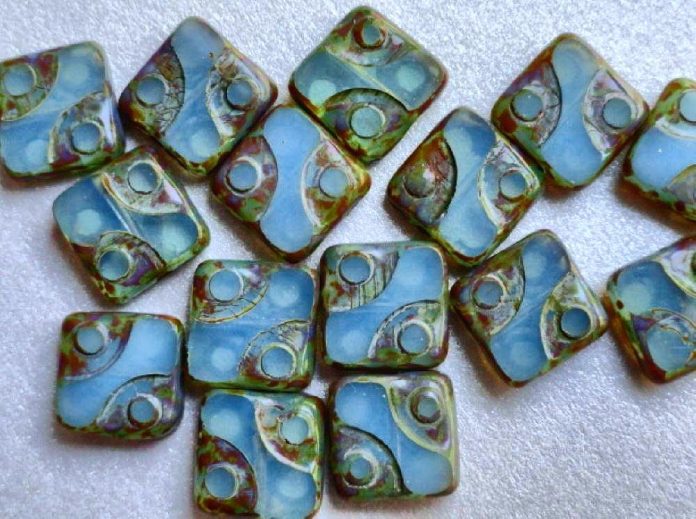 10mm Milky Blue Carved Square Beads