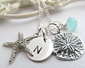 Personalized Beach Necklaces, Aqua Blue Chalcedony Birthstone, Sterling Silver, Bridal Party Jewelry