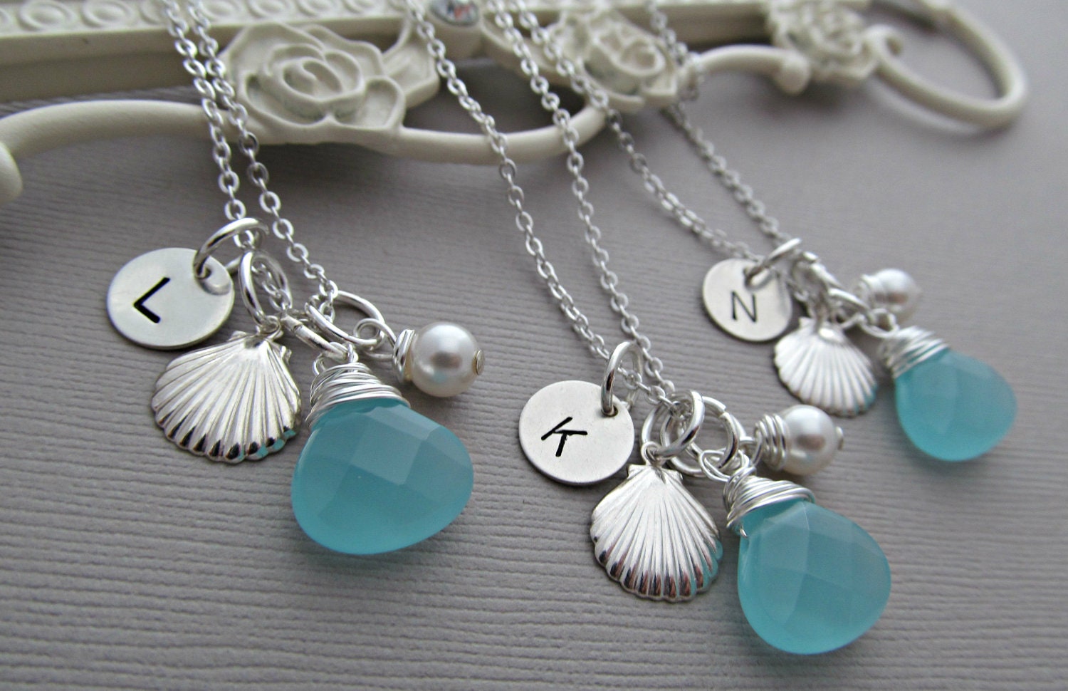 Set Of Three 3 Bridesmaid Wedding Necklaces, White Pearl and Sea Blue Chalcedony Custom Birthstone, Sterling Silver