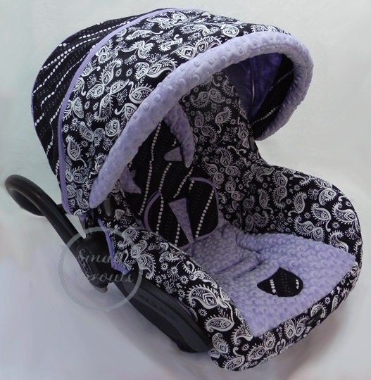 Custom Boutique Black and White Paisley Stripe with Lilac Minky Maxi Cosi Mico Infant Car Seat Cover-Ready To Ship