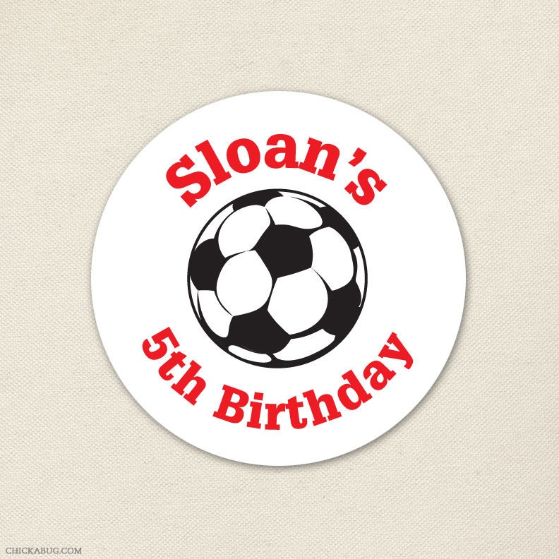 Soccer party - Custom stickers - Sheet of 12 or 24 - Choose red, green, blue or pink