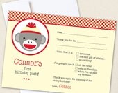Sock Monkey party - Set of 15 custom thank you cards - Printable file also available