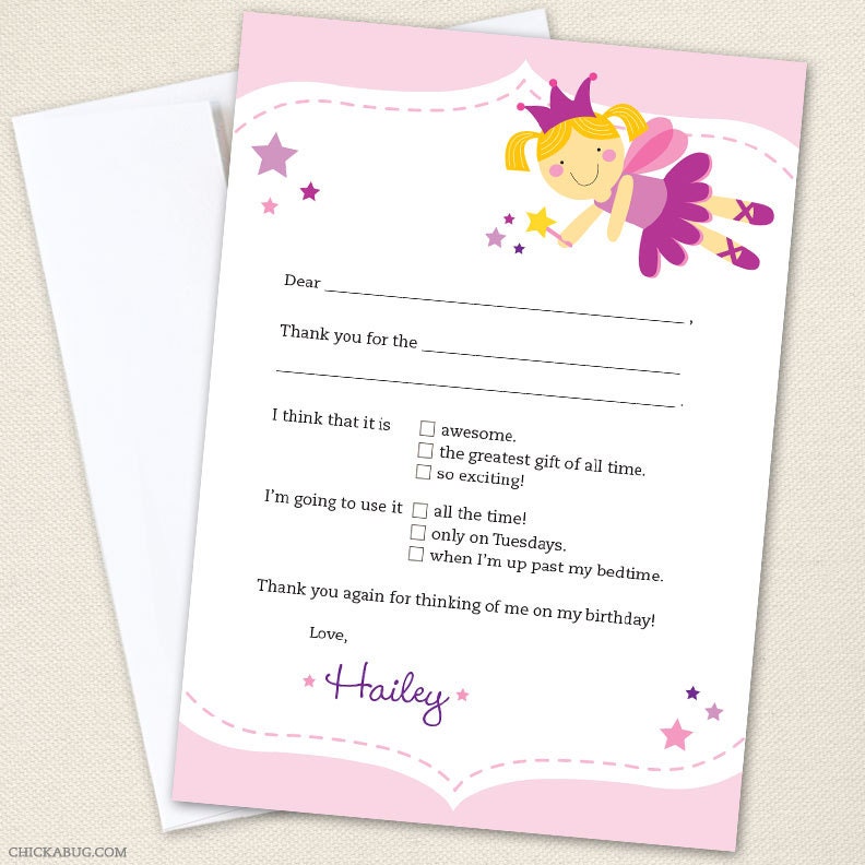 Fairy Princess party - Set of 15 custom thank you cards - Printable file also available - Choose your own fairy