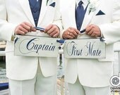 Captain & First Mate with Happily Married on the back, Rustic Wedding Chair Signs. LGBT Wedding, Vintage, 2-sided, Nautical Wedding Signs.