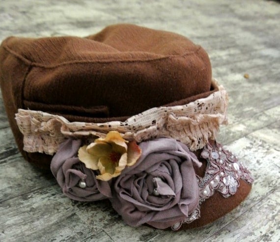 Embellished fall hat, reserve for Kprendy2 military cadet hat, chocolate brown country chic hat, womens accessories, rustic, cottage, shabby