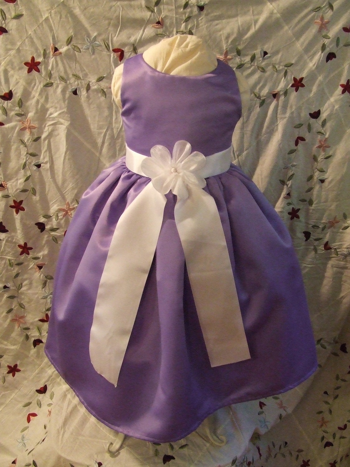 Violet Satin Flower Girl Dress with White Flower