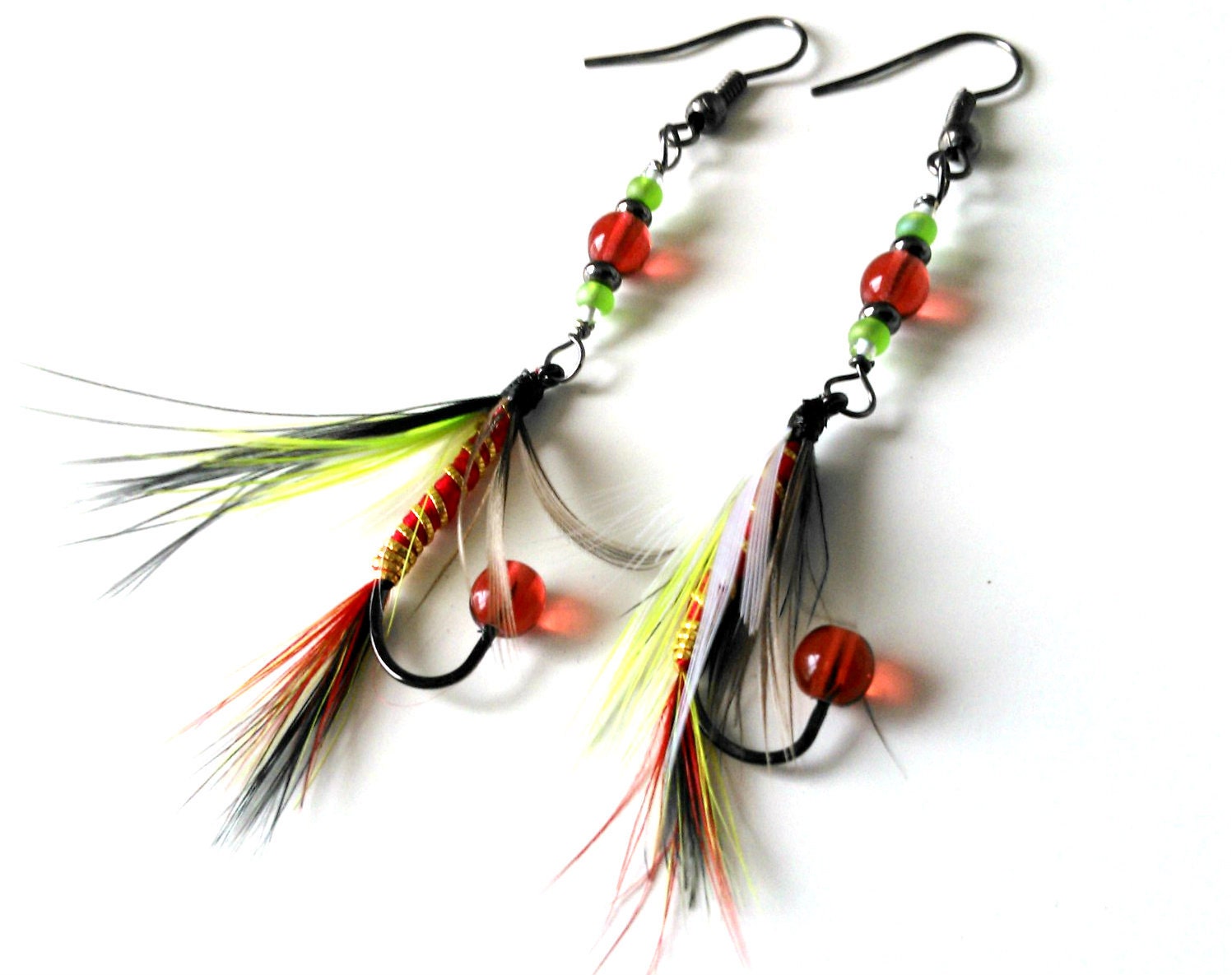 Fishing Fly Earrings - Spring Earrings - Lime Green, Red, Black, White, Brown, Gold, Feathers, Gunmetal Fishing Hooks, Red Glass, Copper