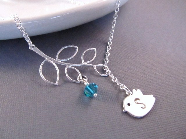Personalized Necklace, Silver Branch and Bird with Initial and Birthstone, Lariat Necklace, Engraved Jewelry, Birthstone Necklace