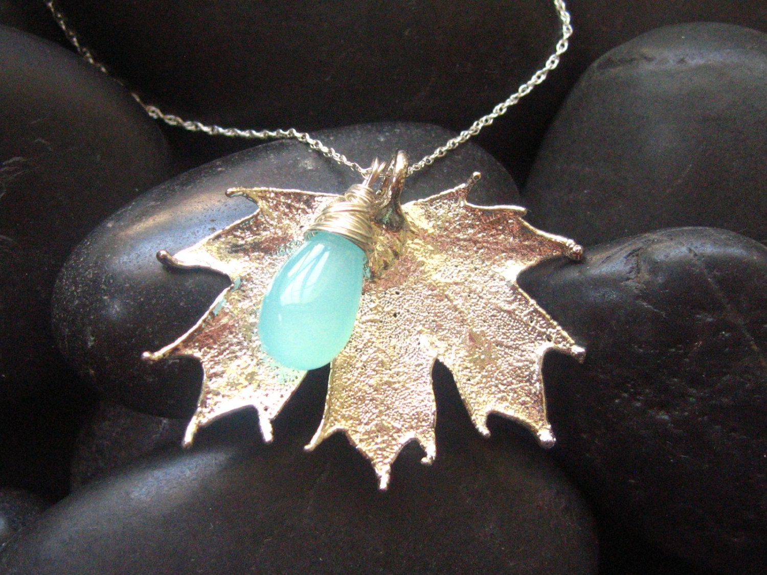 Real Sugar Maple Leaf in fine Silver  - Blue Chalcedony Briolette -16"  Sterling Silver Chain Included