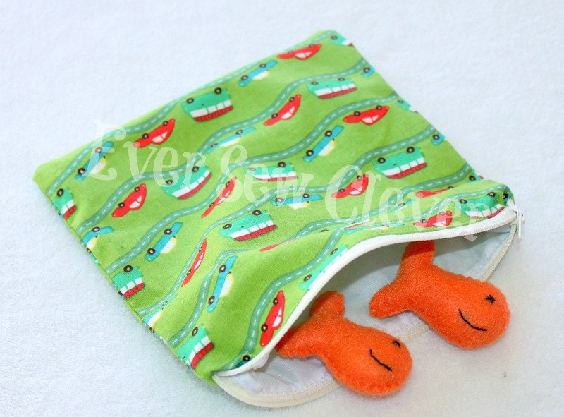 Reusable Snack Sandwich Bag ZIPPER TOP ---- Ripstop Nylon BPA Free Riley Blake Wheels - Cars