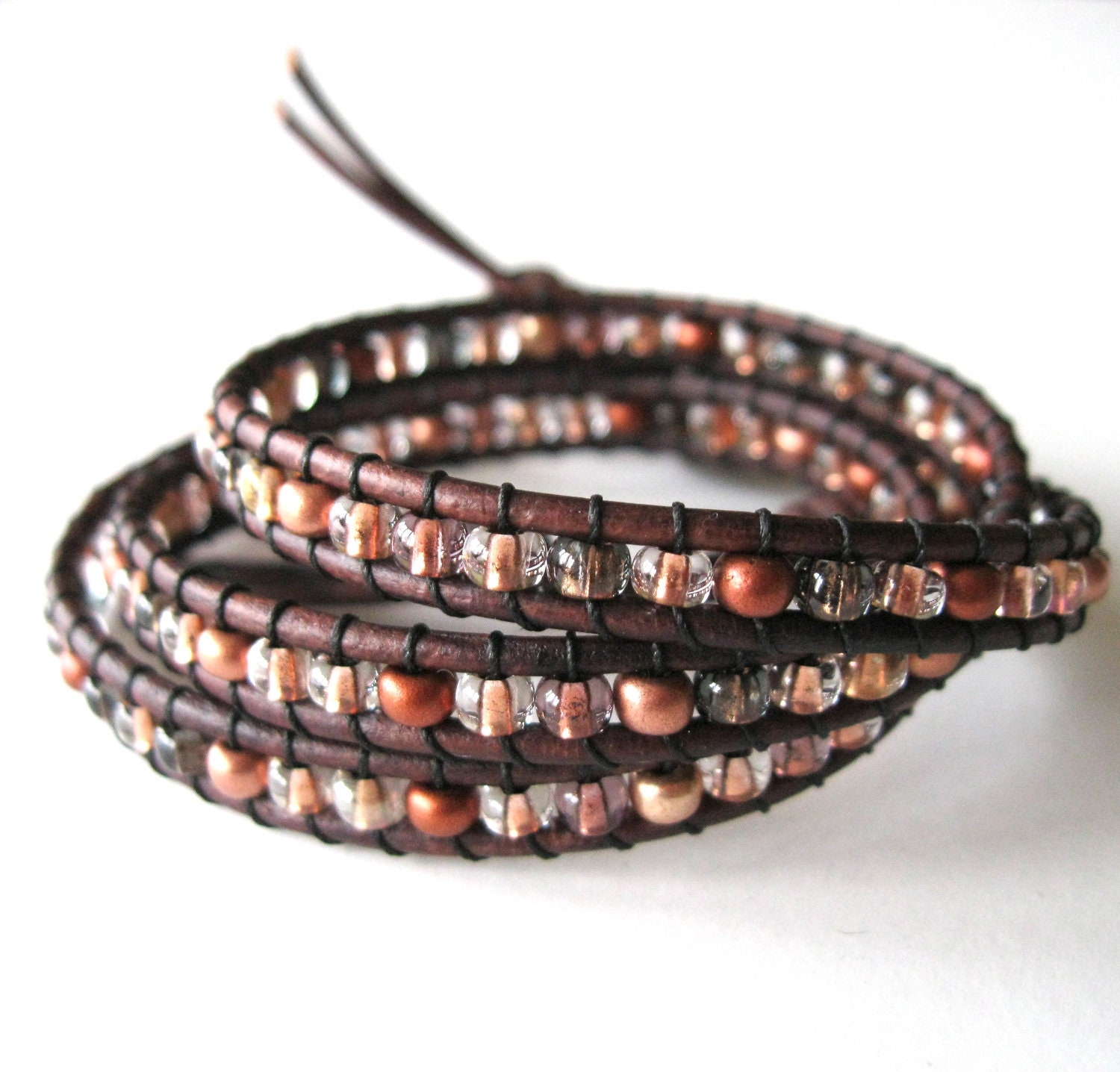 Copper Spice - Earthy gypsy copper czech glass on distressed brown leather - Beaded Leather Wrap Bracelet