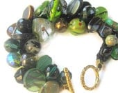 Woodland Earthy Beaded Green Bangle Bracelet, Semi Precious Fossil, Lamp Work Venetian Beads - OOAK unique Hand Knit  Fiber Art