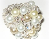 Chunky Pearl  Crystal Cocktail Ring, SPARKLING  CHAMPAGNE on ICE, Hand Knit Adjustable, Bubble Cluster, Exclusive by sereba Designs