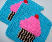 Turquoise Blue Potholders - Pink Cupcake With Cherry On Top - Crochet Pot Holder, Potholder, Hotpad, Hot Pad, Trivet Set of Two