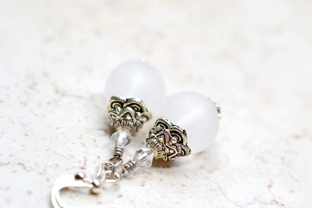 Snow White Earrings, White Drop Earrings Frosted Dangles, Beaded Earrings on Silver, Winter Fashion