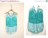 SALE 50s Pinstriped Swimsuit - Teal and White Stripe Playsuit - Ruched Swimsuit
