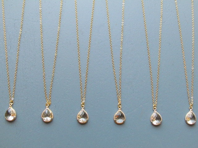 Bridesmaids Jewelry - Bridal Party Necklaces in Gold & Clear Crystal - Request Custom Colors