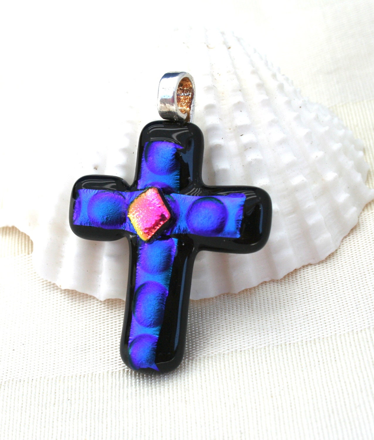 Cobalt, Purple and Pink Dichroic Fused Glass Cross