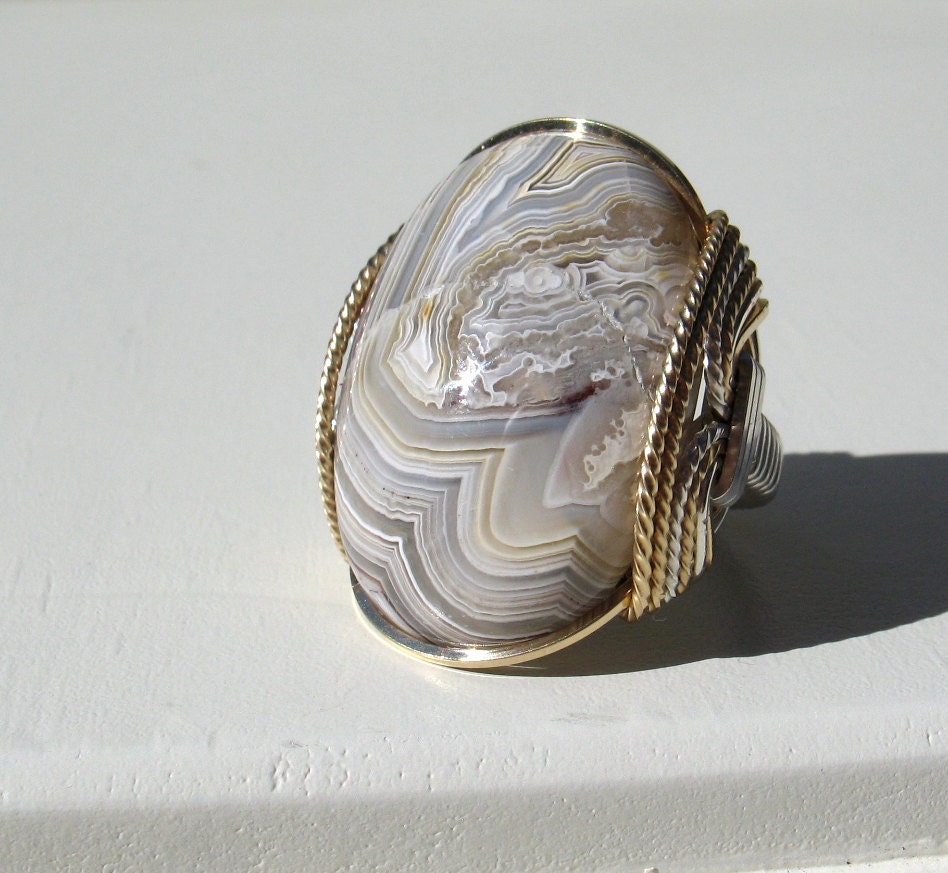 Mixed Metals Ring, Creamy White, Crazy Lace Agate, Large Stone, Sterling Silver, Gold Fill, Custom Made, Summer Jewelry, Summer Fashion