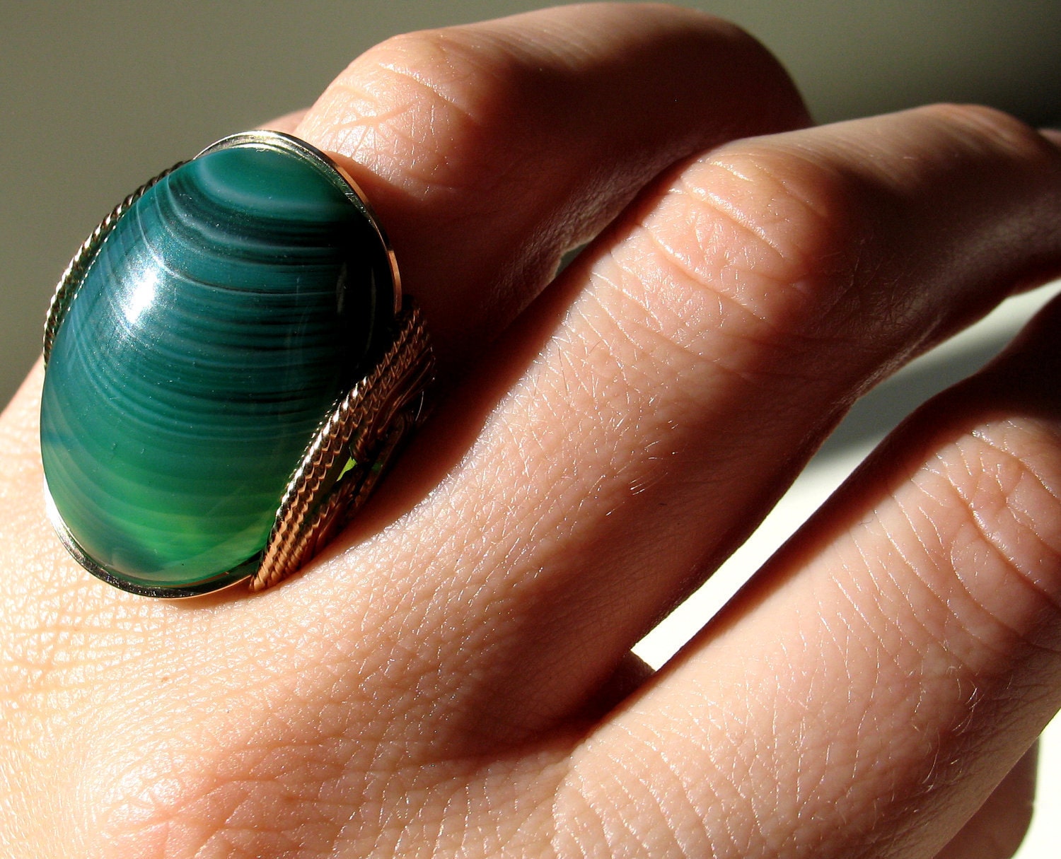 RESERVED - Fresh Apples Ring, Green Agate, Striped Gemstone, Gold