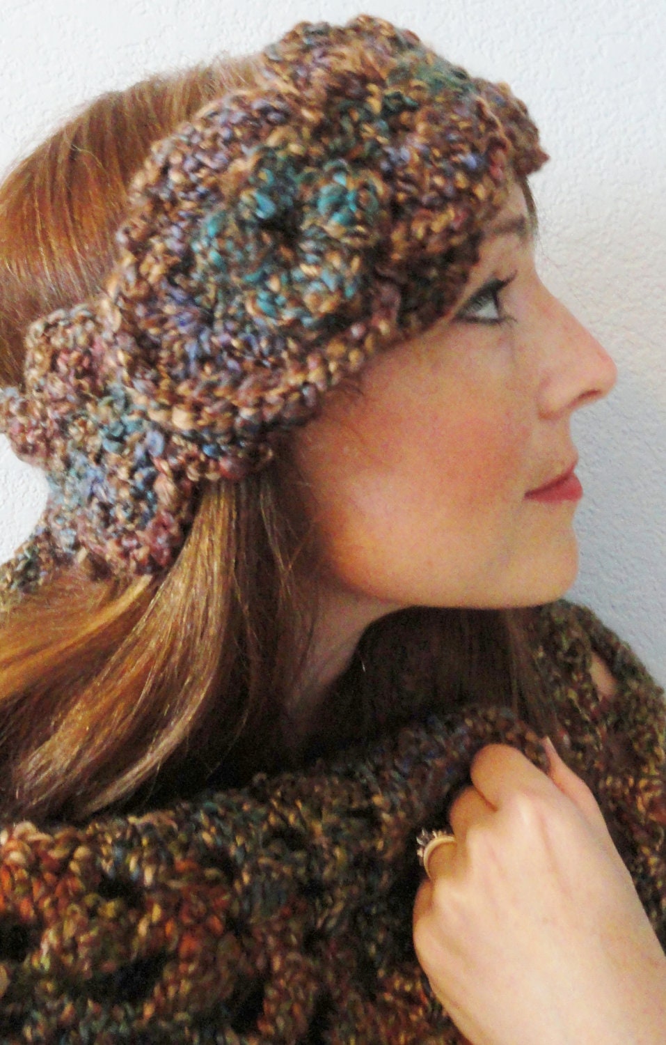 Muted Rainbow Crocheted Head Wrap Headband and Fringed Scarf Set Adult Women By Distinctly Daisy