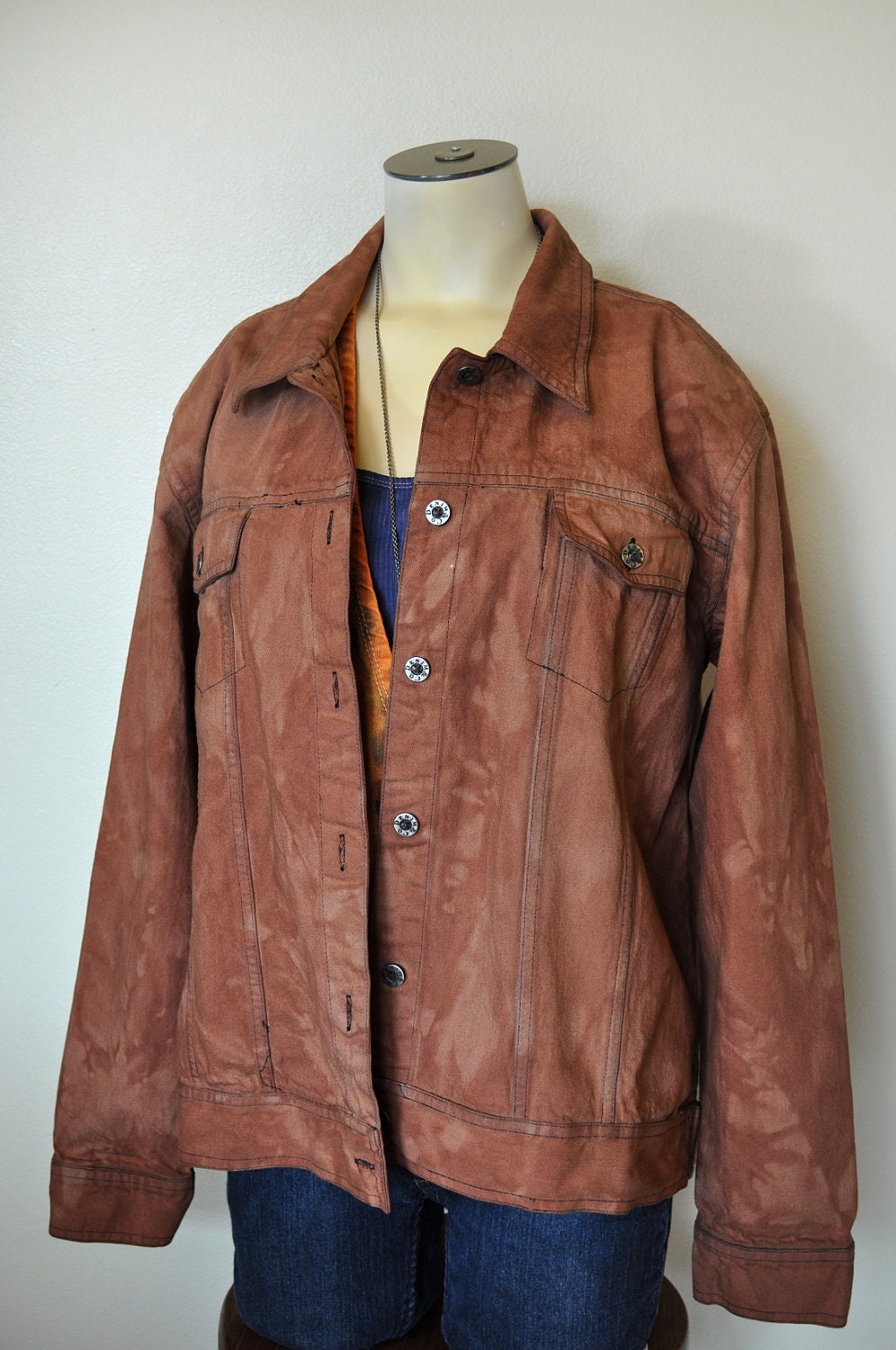 Denim JACKET - Rust Brown Autumn Leaves Fall Hand Dyed Upcycled Rustic Denim & Co. Denim Trucker Jacket -  Womens Size Large  (46 chest)