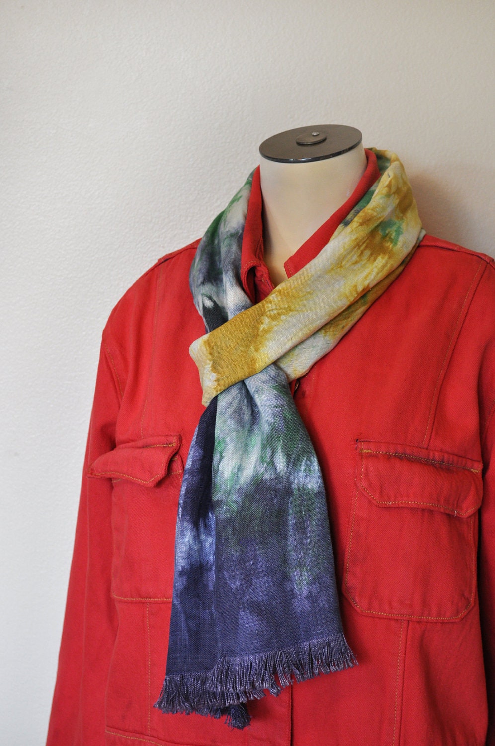 Hand Dyed Linen SCARF - Blue Green Gold Blend Multicolor Hand Dyed Tie Dye Hand Made Linen Scarf - 12 x 72"