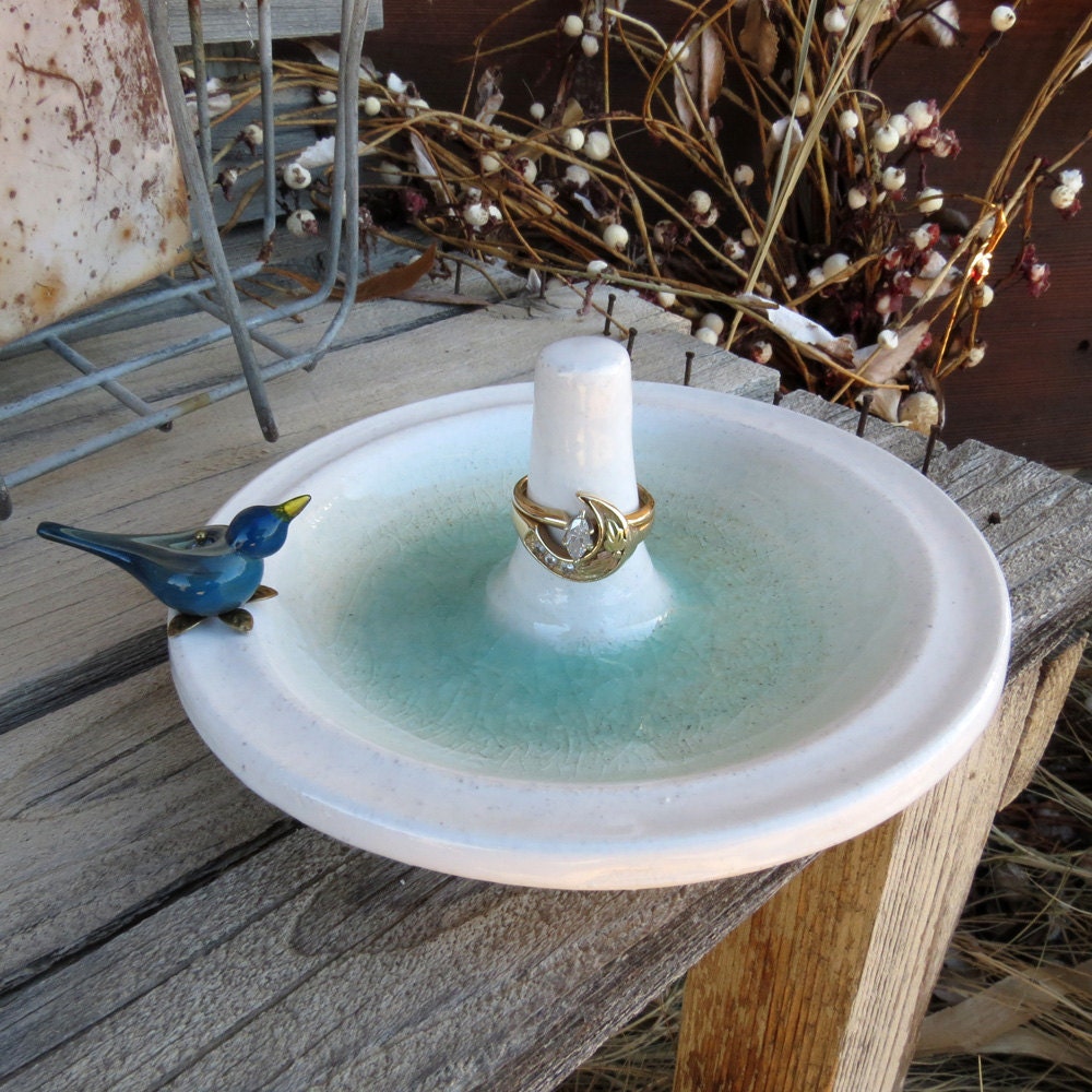 Blue bird ring stand, bird bath ring holder, pottery wedding ring dish, ceramic bluebird bowl