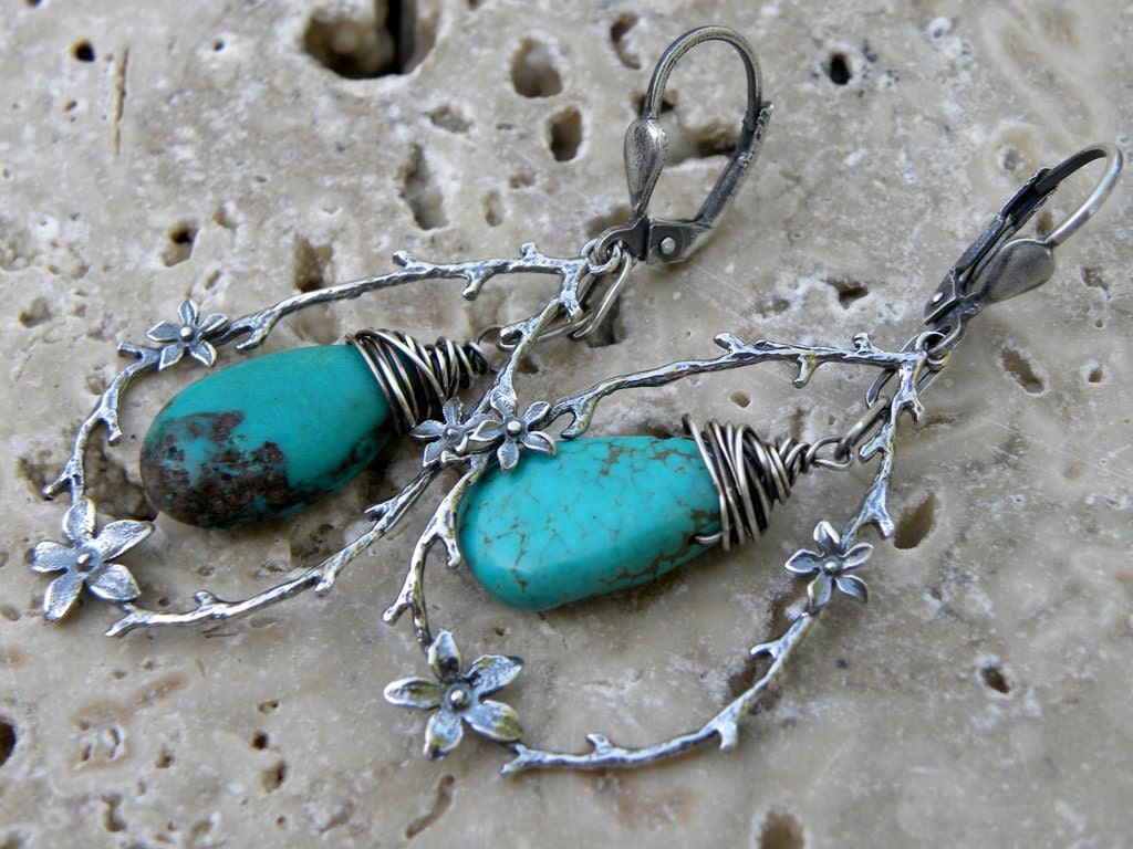 Sterling Silver Turquoise Earrings Artisan Handcrafted Wire Wrapped Flower