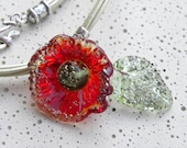 Sterling Silver Lampwork Flower and Leaf Leather Necklace Handmade Glass Red Green Christmas