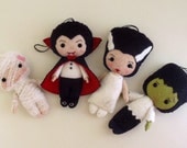 Halloween Ornaments- Dracula, Frankenstein, Bride, Mummy pdf Patterns - Instant Download