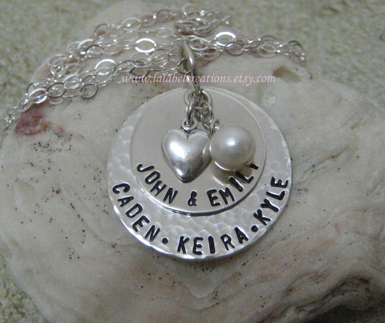 Mommy Necklace - Personalized - Hand Stamped - Stacked discs - Sterling Silver - Heart Charm and a Pearl - Names Stamped