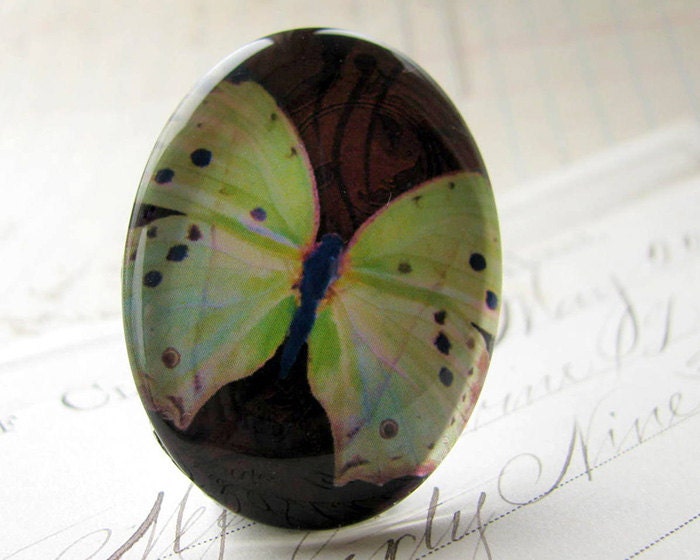 Chartreuse Butterfly - handmade 40x30 30x40 40x30mm 30x40mm 40 30 mm glass oval cabochon, light green, aqua, brown, garden insect